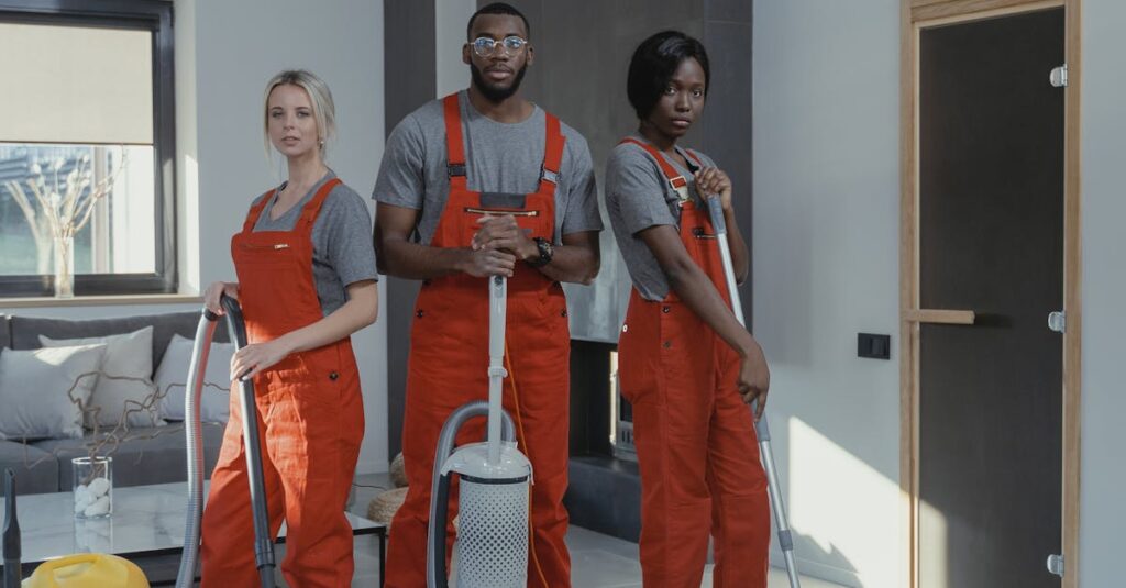 Three professional cleaners in uniform inside a modern home with cleaning equipment.